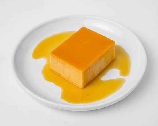 Leche flan custard in caramel sauce on a white plate