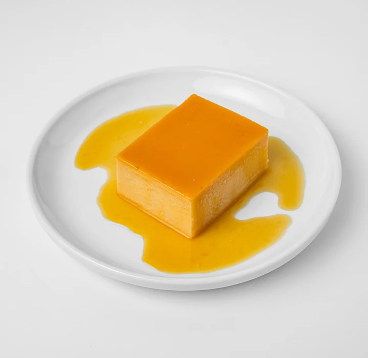 Leche flan custard in caramel sauce on a white plate
